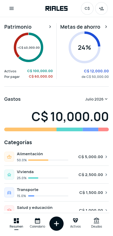 Pantalla real del resumen de RIALES con patrimonio, metas de ahorro y gastos por categoría