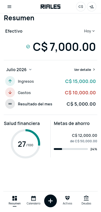 Pantalla real del resumen de RIALES