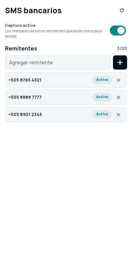 Pantalla real de configuración de un remitente bancario en RIALES
